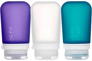 humangear GoToob+ 3-Pack (Medium) | Refillable Silicone Travel Bottle | Locking Lid | Food-Safe Material, Clear/Purple/Teal, Medium (2.5 fl.oz.; 74ml)