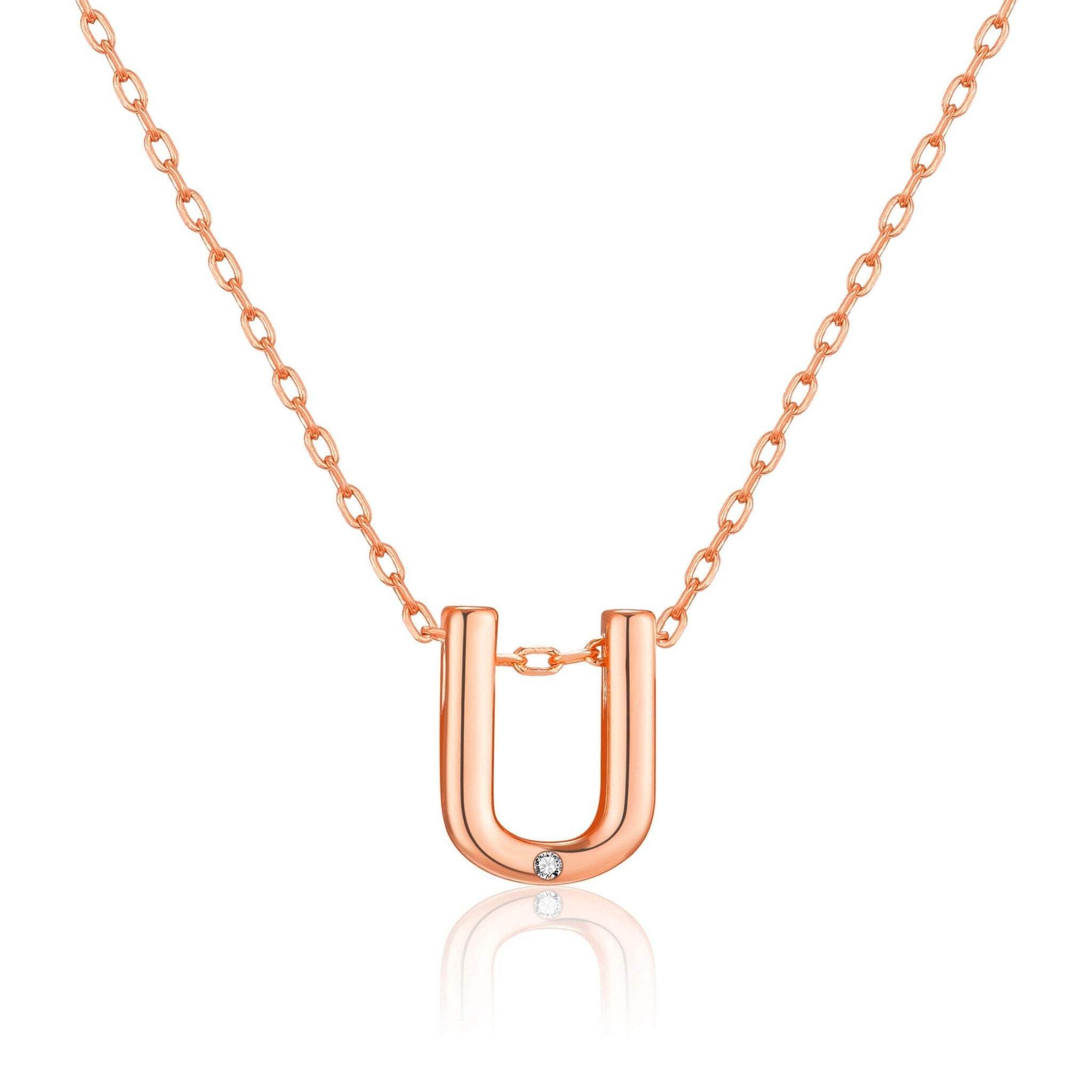 Philip Jones Rose Gold Plated Initial Necklace Letter U Created with Zircondia® Crystals