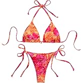 Verdusa Women's 2 Piece Boho Floral String Bikini Set Halter Triangle High Cut Swimsuit