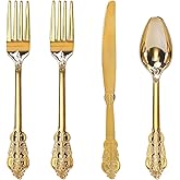 WDF 200 Pieces Gold Plastic Silverware Disposable - 50 Guests Heavy Duty Thanksgiving Gold Plastic Cutlery - Disposable Utensils Includes 100 Forks, 50 Spoons, 50 Knives Perfect for Party/Weeding