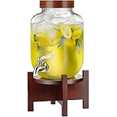 Glass Drink Dispenser with Acacia Wood Stand and Lid,1 Gallon Beverage Dispenser with Stainless Steel Spigot for Parties,Picnics,Barbecues,Lemonade,Sun tea Jar,ice coffee,Laundry Detergent Dispenser
