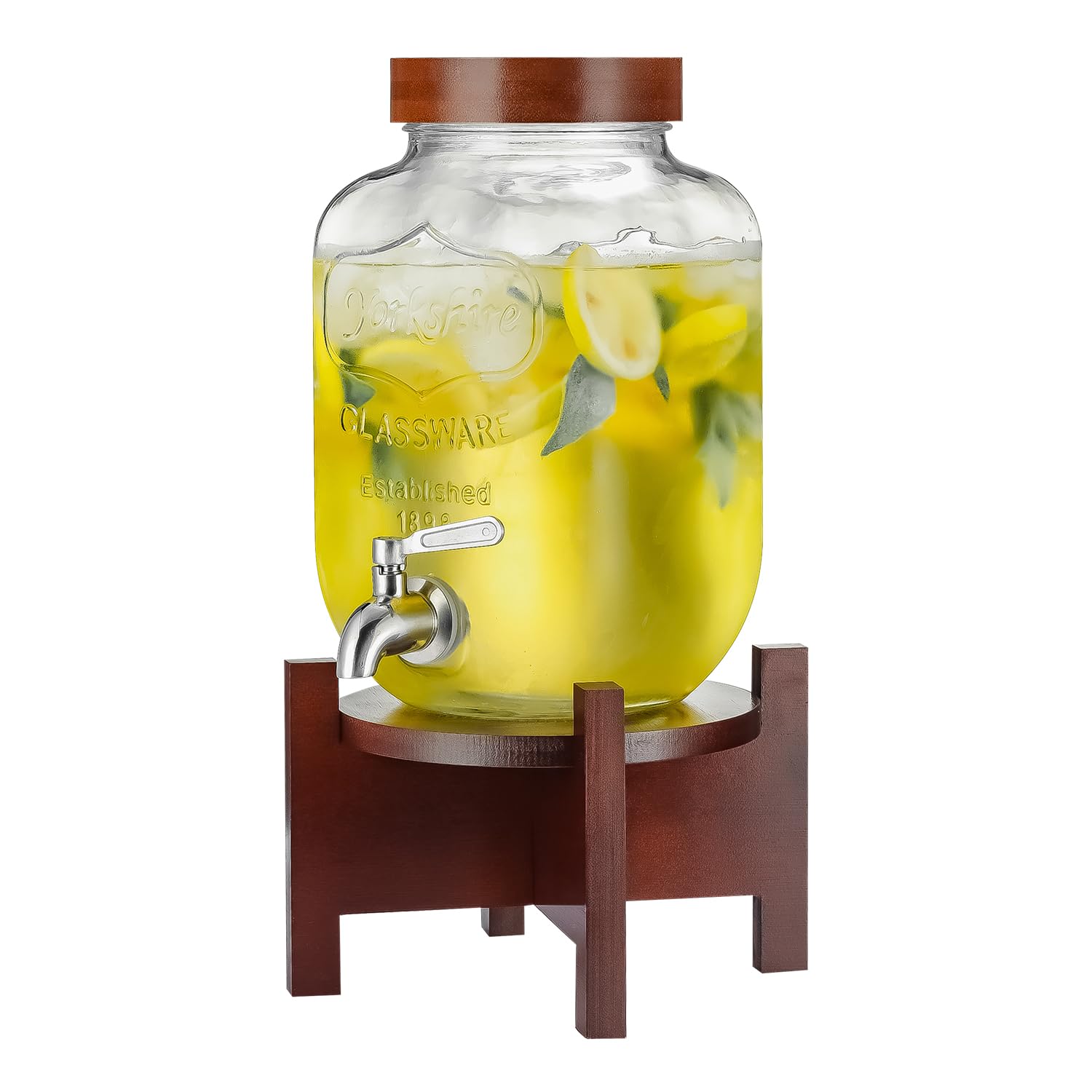 Photo 1 of Glass Drink Dispenser with Acacia Wood Stand and Lid,1 Gallon Beverage Dispenser with Stainless Steel Spigot for Parties,Picnics,Barbecues,Lemonade,Sun tea Jar,ice coffee,Laundry Detergent Dispenser