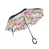 Reverse Umbrella Pink Unicorn Hearts Rainbow