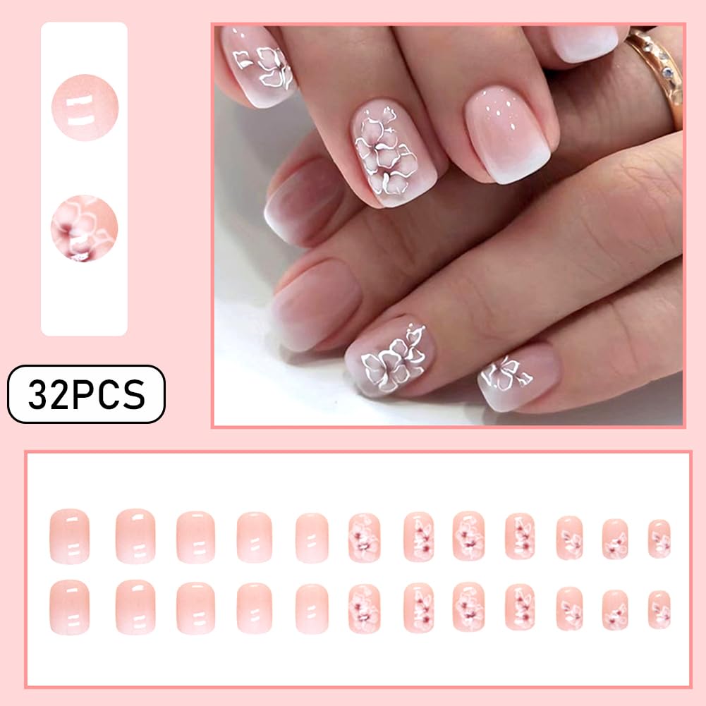 RUPOFUZA Acrylic Press on Nails Short Square Fake Nails White Ombre Glue on Nails Short False Nails with Flower Gloss Designs Nails Press on Artificial Nails Stick on Nails for Women 24Pcs - Image 2