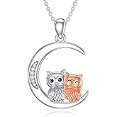 LWXIE Diamond Owl Moon Necklace 925 Sterling Silver Owls Family Pendant for Women Cute Animal Jewelry Gift for Birthday