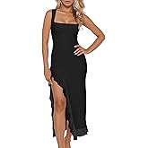 BORIFLORS Women's Sexy Bodycon High Slit Maxi Dresses Square Neck Sleeveless Ruffle Hem Cocktail Party Long Dress