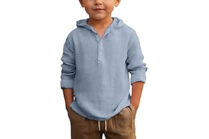 Boys Button Down Linen Shirt Quarter Button Down Hoodies Casual Loose Long Sleeve Shirts Summer Beach Vacation Clothes