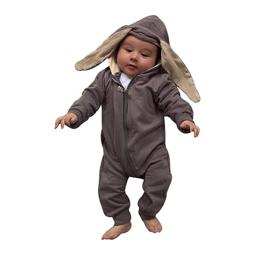 Lenfesh Baby Overall Langarm Baumwolle Reißverschluss Strampler Hase Ohren Kapuzenpullover Romper Jumpsuit Herbst Spielanzug 