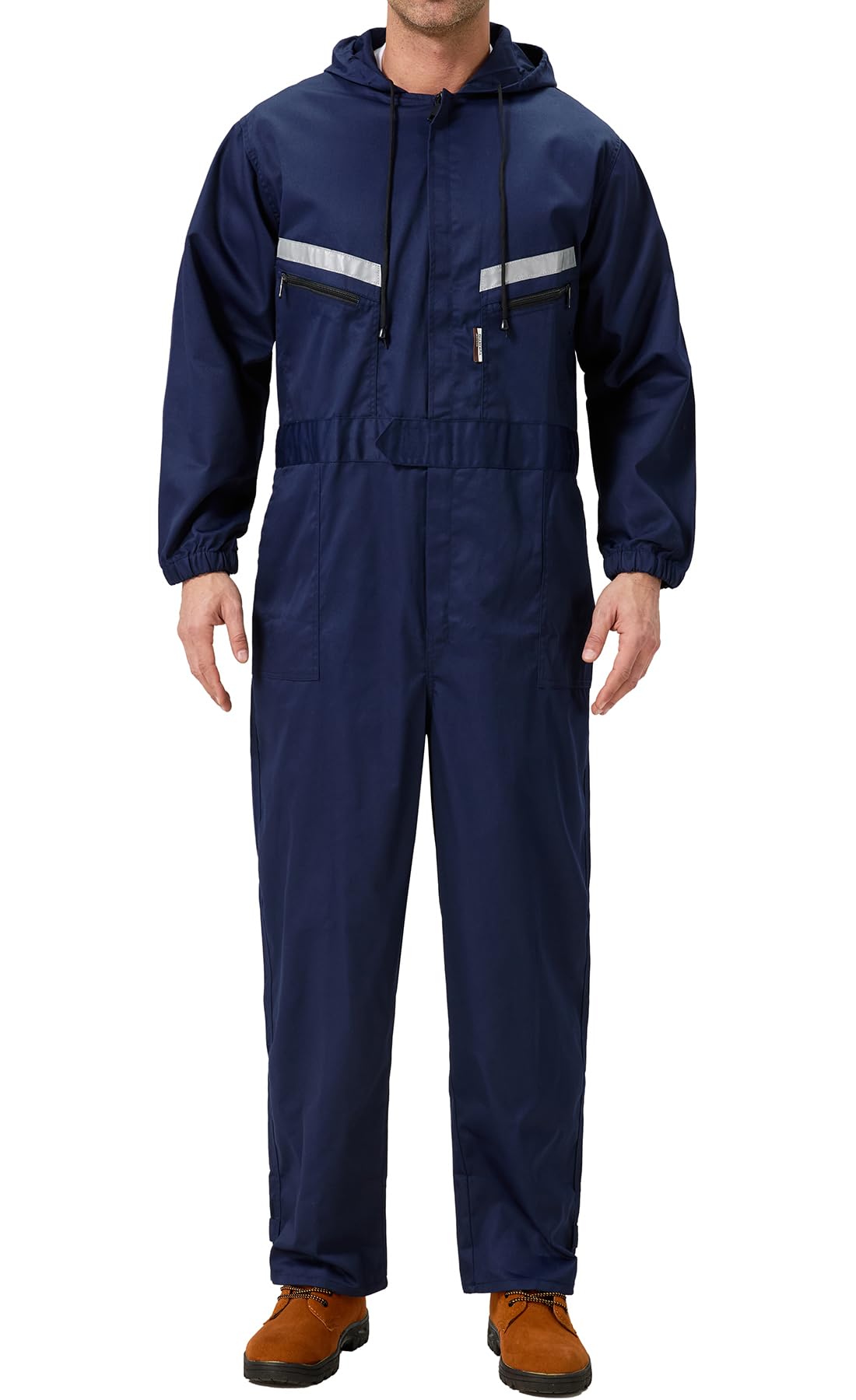 Yukirtiq Men's Workwear Hooded Boilersuit Coverall with Multi Pockets, Heavy Duty Polycotton Overall Trousers Mechanics Boiler Suit with Reflective Tape, Navy Blue, XXL