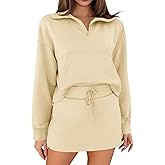 Fisoew Womens Sweatsuits 2 Piece Outfits Quarter Zip Cropped Sweatshirts Casual Mini Skorts Lounge Wear Skirts Sets