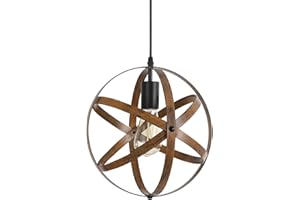 SEEBLEN Farmhouse Pendant Light for Kitchen Island, Vintage Metal Spherical Hanging Ceiling Light with Wood Grain Finish, 51 