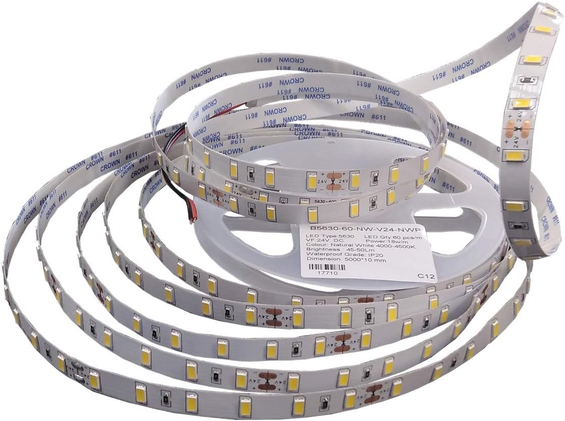 5 m Roll of LED Light Strip 18 W/Metre to 24 V, Warm White (3000 K), 5630 Diode Strip Tape, 60 LEDs/Metre, 4800 Lumens