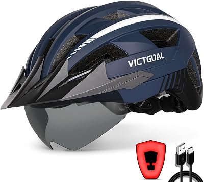 Victgoal Bike Helmet with USB Rechargeable LED Light Navy Blue Large 57-61 cm
