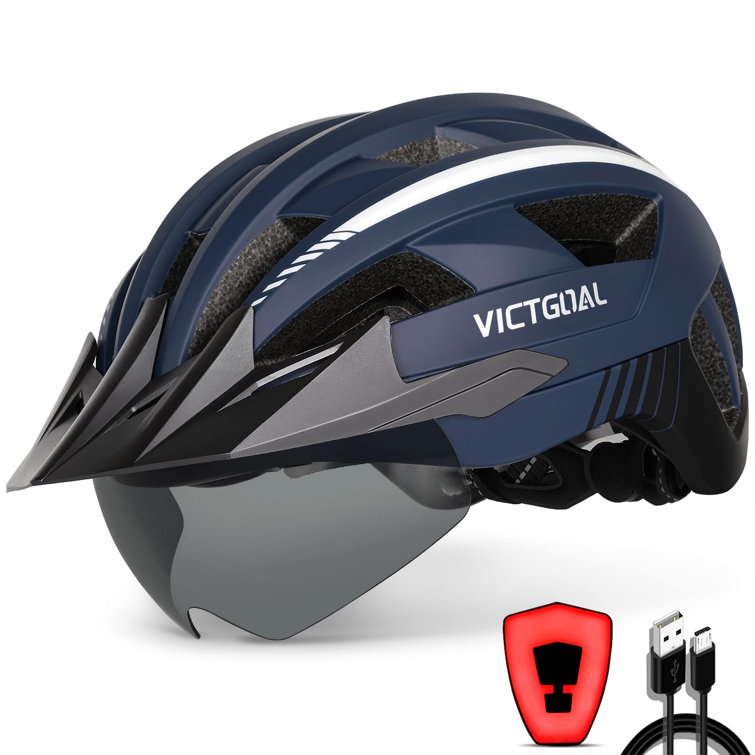 Victgoal Bike Helmet with USB Rechargeable LED Light Removable Magnetic Goggles Visor Breathable MTB Mountain Bicycle Helmet for Unisex Men Women Adjustable Cycle Helmets (M: 54-58 cm, Navy Blue)