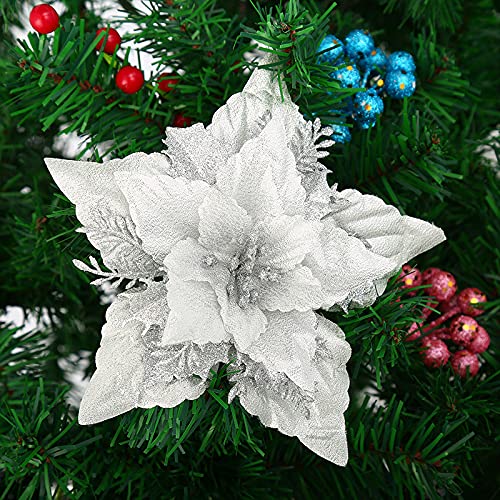 WingFly 10 Pcs Artificial Christmas Flowers Glitter Large Poinsettia Flowers (18 cm/7 inch) Christmas Tree Flower Decorations Xmas Tree Ornaments Wedding Decorations Flower (Silver)