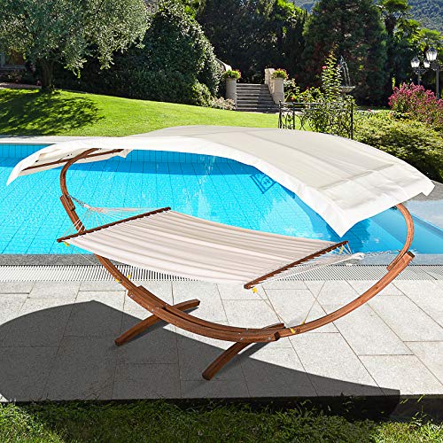Outsunny Hängematte mit Gestell Gartenliege Sonnenliege inkl. Dach 180kg, Lärchenholz+Baumwollstoff – Bild 3