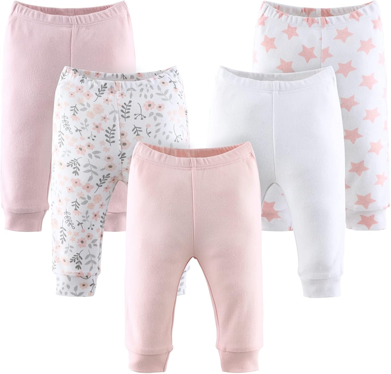 The Peanutshell Baby Girl Pants Set | 5 Pack in Newborn to 24 Month Sizes | Floral, Pink, White, Stars: Clothing