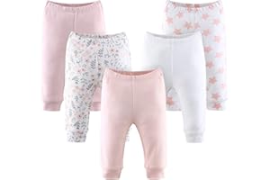 The Peanutshell Baby Girl Pants Set | 5 Pack in Newborn to 24 Month Sizes | Floral, Pink, White, Stars