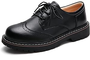 XIKETE Oxford Shoes for Women,Perforated Lace-up Round Toe Leather Low Heel Brogues Shoe for Girls Ladies Women