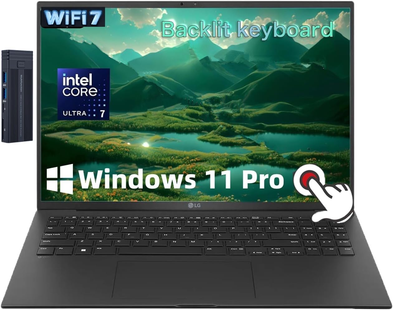 LG Gram 17" WQXGA Touchscreen Laptop Copilot+ PC, Intel Core Ultra7 258V, 32GB RAM 1TB SSD, 512gb 9H Docking Station, Backlit Keyboard, Fingerprint Reader, Wi-Fi 7, Windows 11 Pro, Black