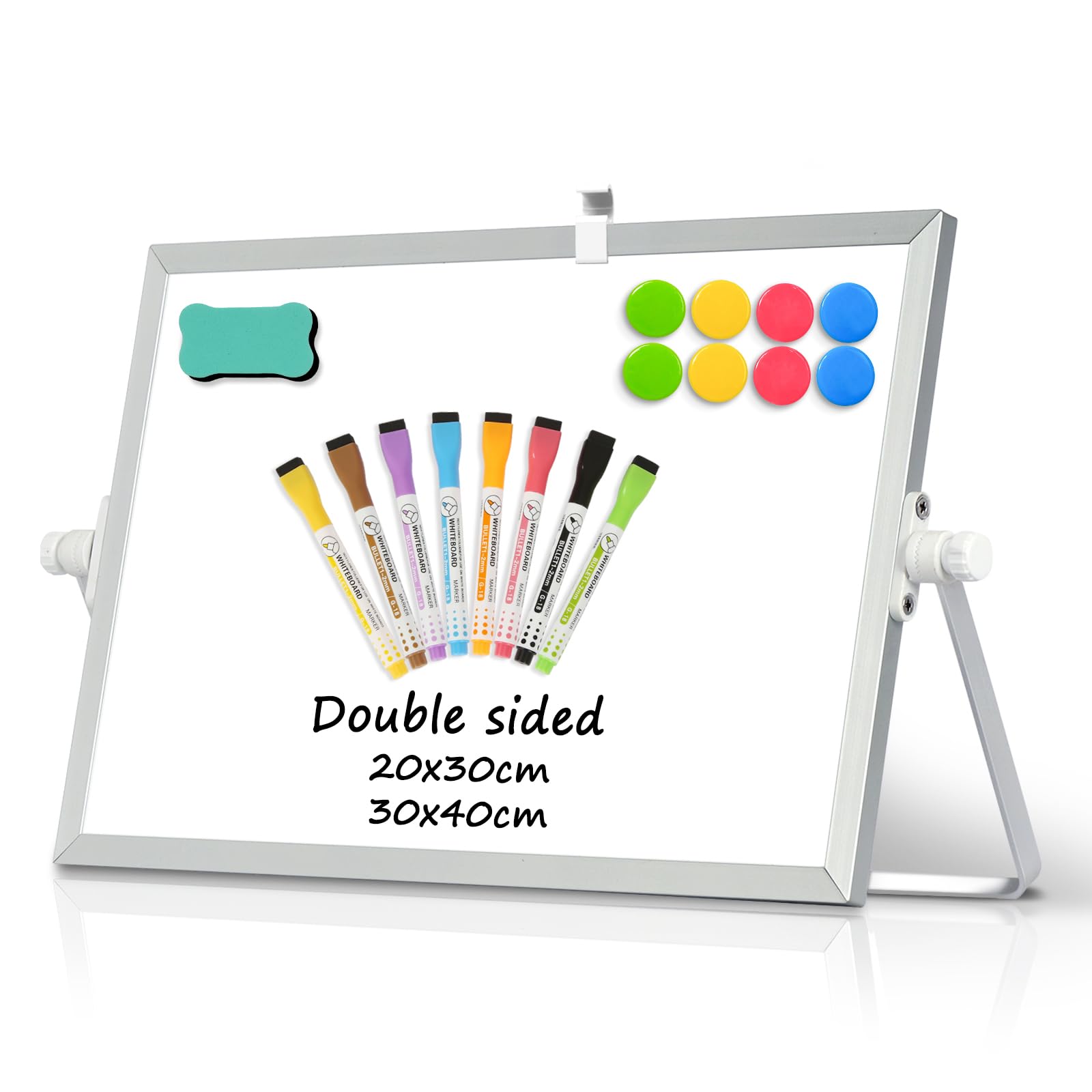 DOLLAR BOSS Magnetic Desktop Whiteboard 20x30cm Double Sided Dry Erase Small White Board with Stand, A4 Mini Whiteboard 8 Pens, 1 Eraser, for Home Office, Back to School Supplies