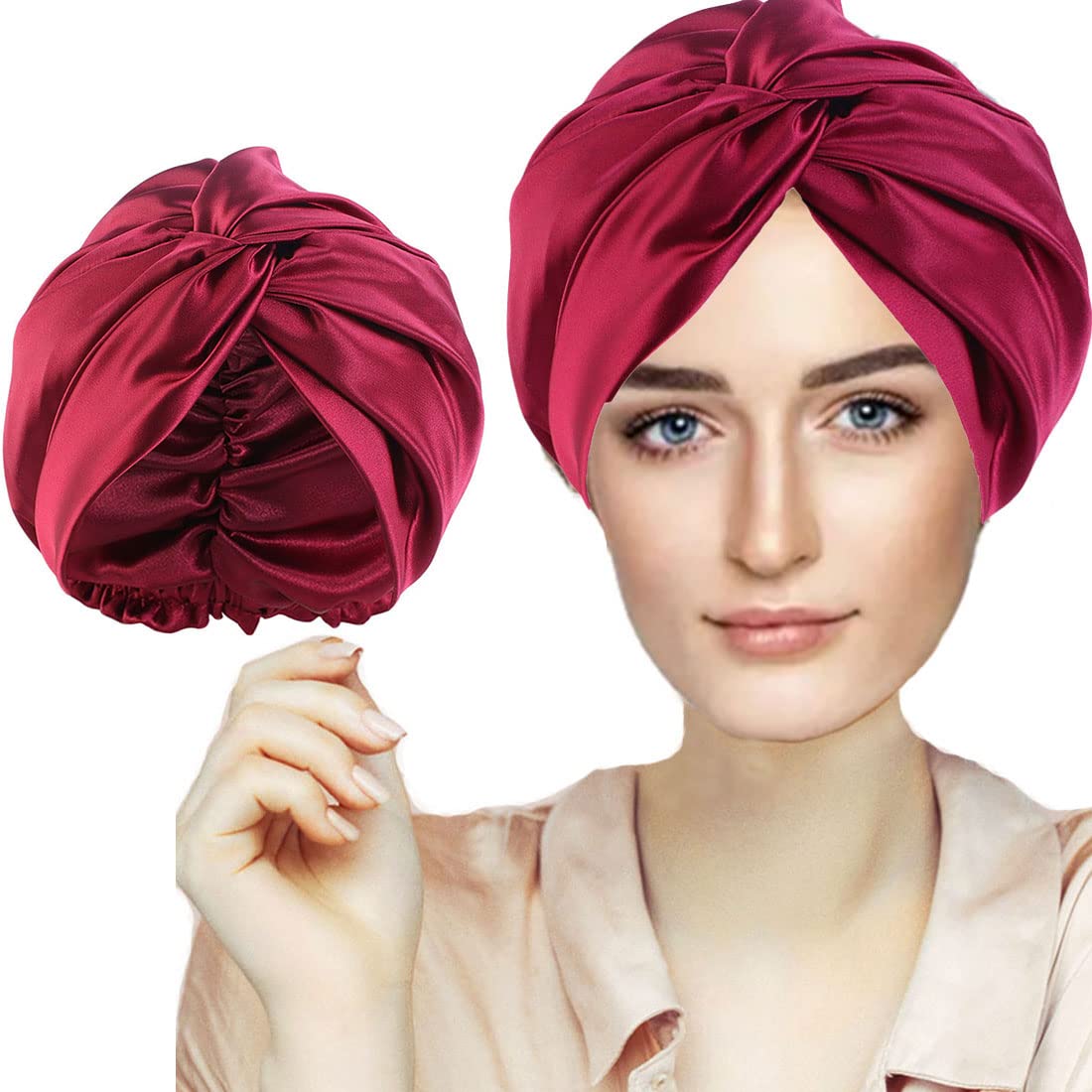 Silk Hair Bonnet Hair Wrap for Sleeping, Imitation Silk Bonnet Night Sleep Cap for Women, Satin Bonnet Double Layer Soft Head Scarf Match Strong Elastic Band Apply to Wash, Makeup