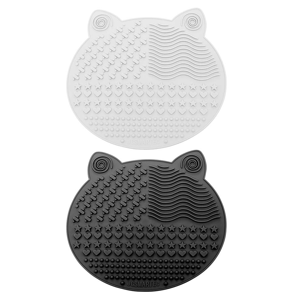 2Pack Makeup Brush Cleaning Mat, Cute Cat Animal Design Silicone Portable Brush Cleaner Pad Washing Tools with Suction Cups (Black+White)