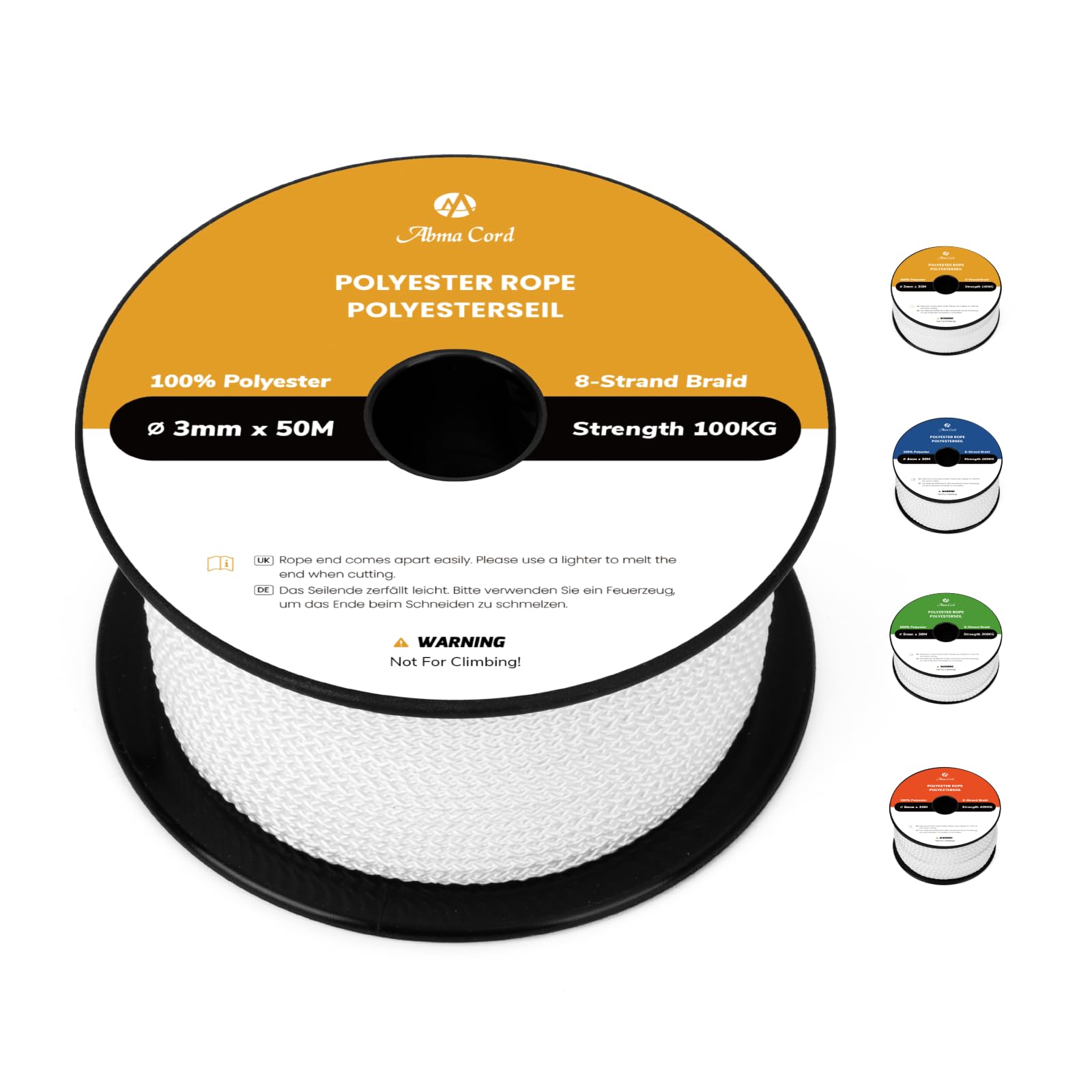 Abma Cord Polyester Rope 3mm x 50m Diamond Braided Cord on Spool - White