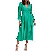 R.Vivimos Womens Casual Long Sleeve Midi Dress Deep V Neck Elastic Waist A-Line Tiered Flowy Elegant Dresses