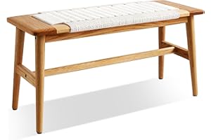 Vadisun 100% Solid Oak Farmhouse Entryway Bench, Wooden Bench Indoor with Hand Woven Rope Surface Design, Wood Bench for End of Bed with Solid Structure(Off-White, 31.49" Wx11.81 Dx15.98 H)