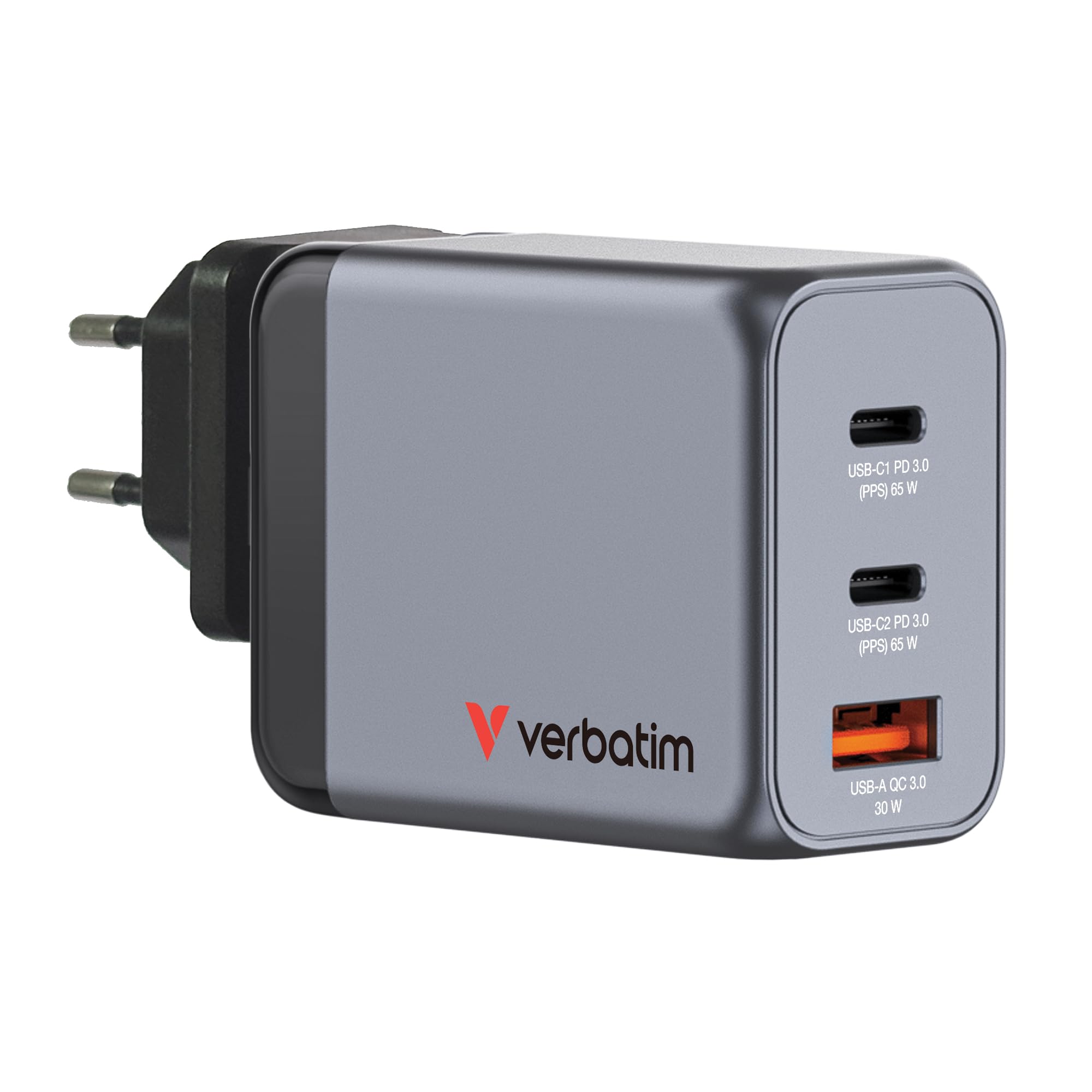 Verbatim GaN Charger 65 W, 3 Ports USB-C Ladegerät, Power Adapter mit 2 x USB-C und 1 x USB-A, Schnellladegerät als Mehrfachstecker, für Apple MacBook, Notebook, iPad, iPhone, Samsung und Co