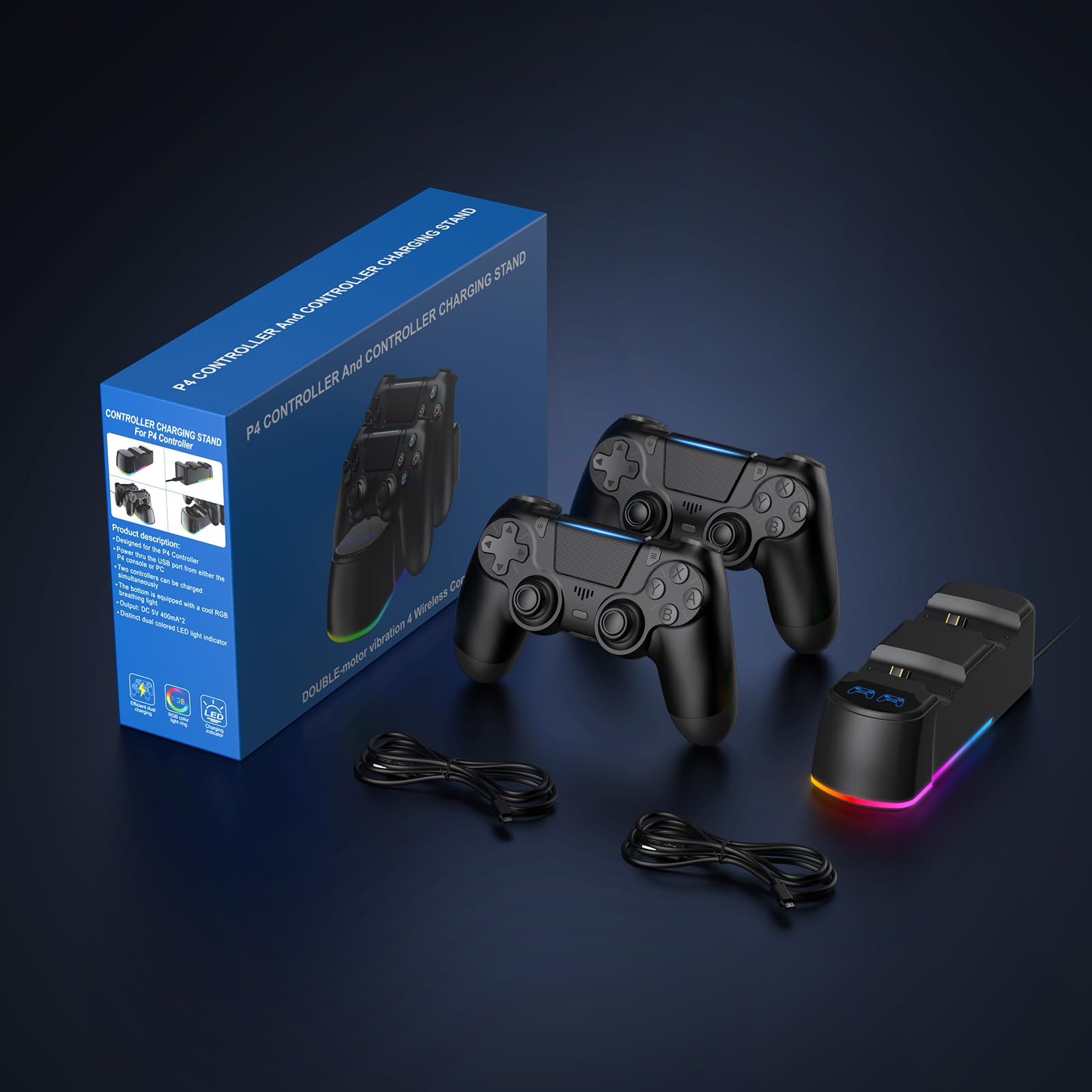2 Pack Controllers with Charging Dock Station for PS4 Controller, Wireless Controller Compatible with PS4/Pro/Slim Consoles, with LED Charging Dock, Black
