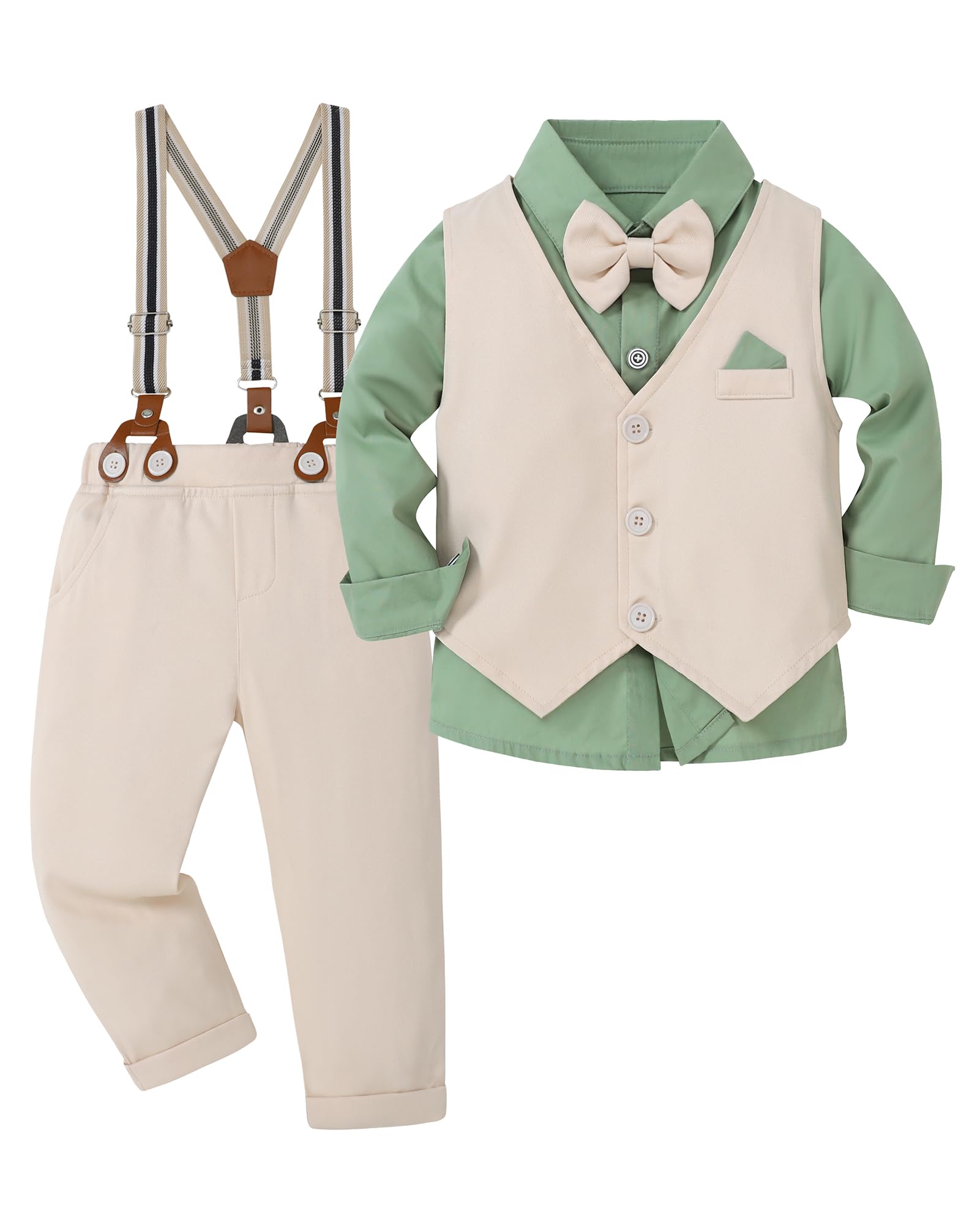 Photo 1 of YUEMION Toddler Baby Boy Clothes Suits Gentleman Dress Shirt+Bowtie+Vest+Suspender Pants Boy Formal Wedding Outfits Set (Light Green and Khaki,18-24 Months)