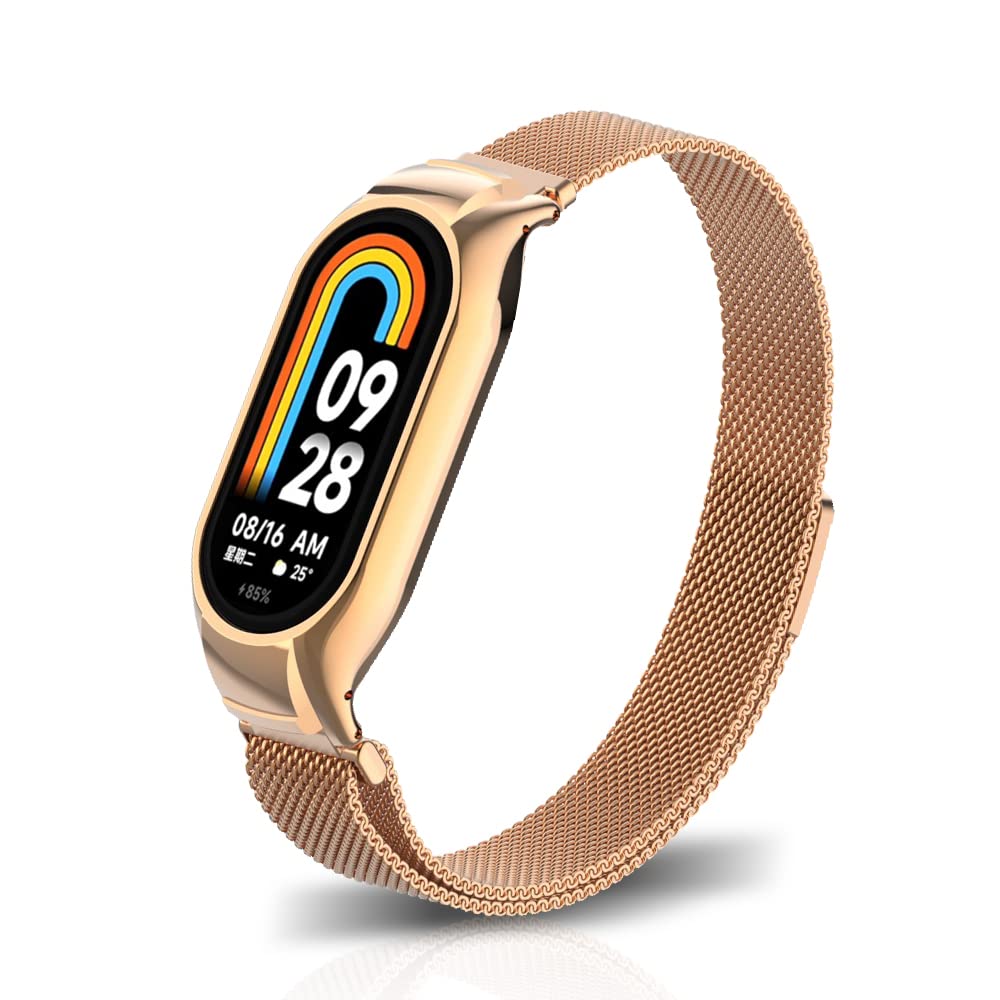 Niboow Strap Compatible with Xiaomi Smart Band 8 (Xiaomi Mi Band 8), Men Women Magnet Stainless Steel Mesh Metal Breathable Watch Bands for Xiaomi Smart Band 8 (Xiaomi Mi Band 8) - Rose Gold