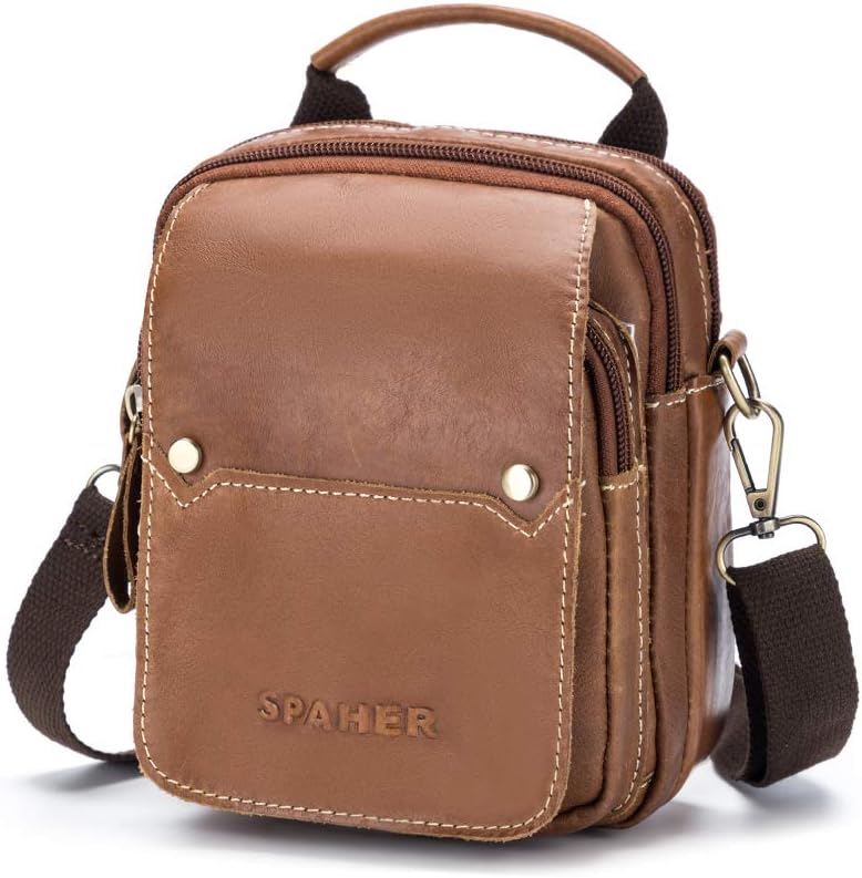 SPAHER Mens Genuine Leather Waist Bag Small Cross Body Phone Bag Messenger Shoulder Holsters Handbag Mobile Phone Case Purse Belt Pouch Money Belt Travel Wallet For Note 3 iPhone 6 7 Plus Brown