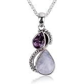 NOVICA Artisan Handcrafted Amethyst Rainbow Moonstone Pendant Necklace | Sterling Silver Teardrop Pendant Necklace | Silver with Faceted Sterling Clear Purple from India Two Teardrop Necklace