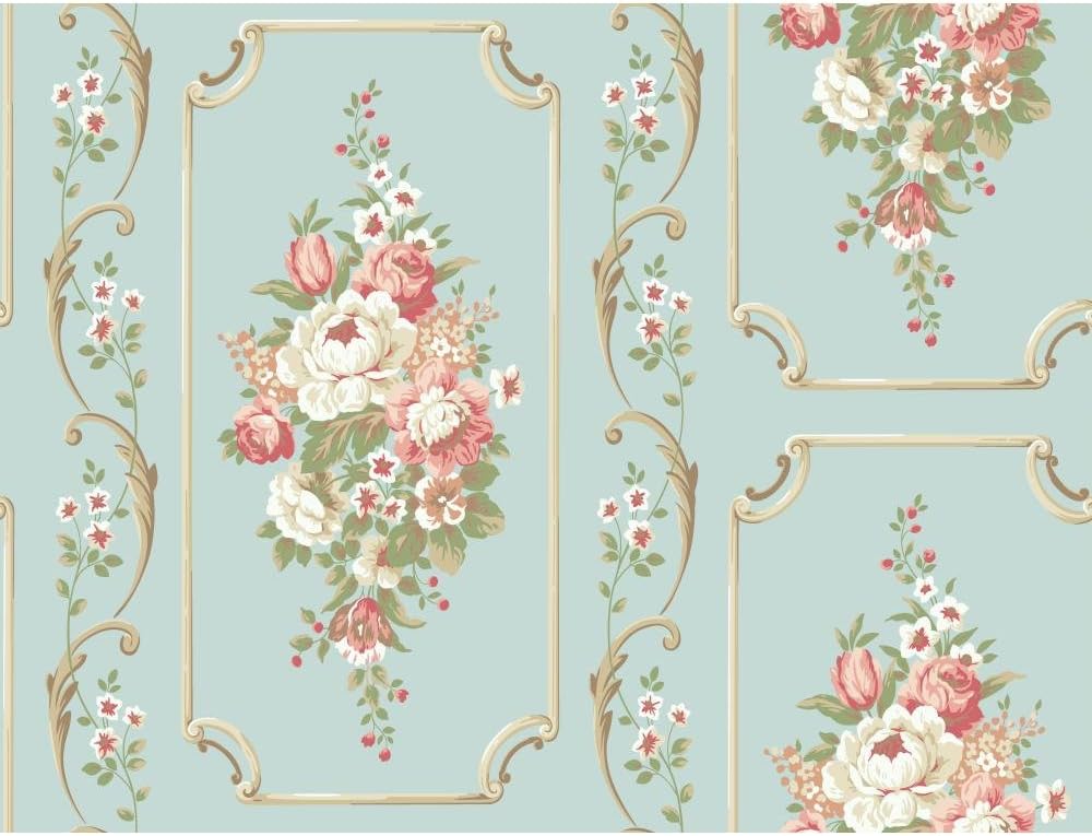 York Wallcoverings BA4500 Casabella II Floral Panel Wallpaper, Aqua/Peach/Coral/White/Beige/Tan/Brown/Medium Green