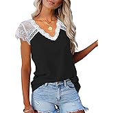 KINLONSAIR Women's Crochet Lace Basic V-Neck T-Shirts Short Sleeve Loose Fitting Tunic Tank Tops