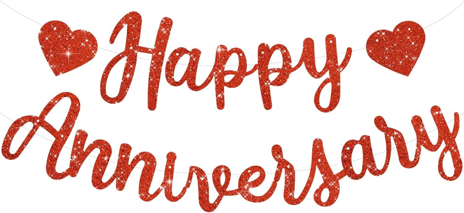 TONIFUL Red Happy Anniversary Banner - Pre-Strung Glitter Banner, Anniversary Sign — image 1