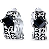 Bali Balinese Black Clear Crystal Vines Scroll Half Hoop Clip On Earrings Non Pierced Ears For Women Black Oxidized Silver Plated