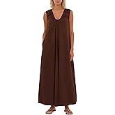 Majdan Womens Maxi Dress Cotton Scoop Neck Ruched Oversized Long Dress Sleeveless Beach Sundress with Pockets