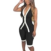 Womens 2 Piece Shorts Set Summer Ribbed Y2K Halter V-Neck Button Vest Sets for Party Outings Tracksuits Romper Set