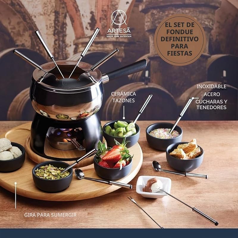 Conjunto de Fondue para Gira-discos Artesà Lazy Susan, Tacho de Fondue em Aço Inoxidável com Fogão, Recipientes e Utensílios, Conjunto de 22 Peças, Preto