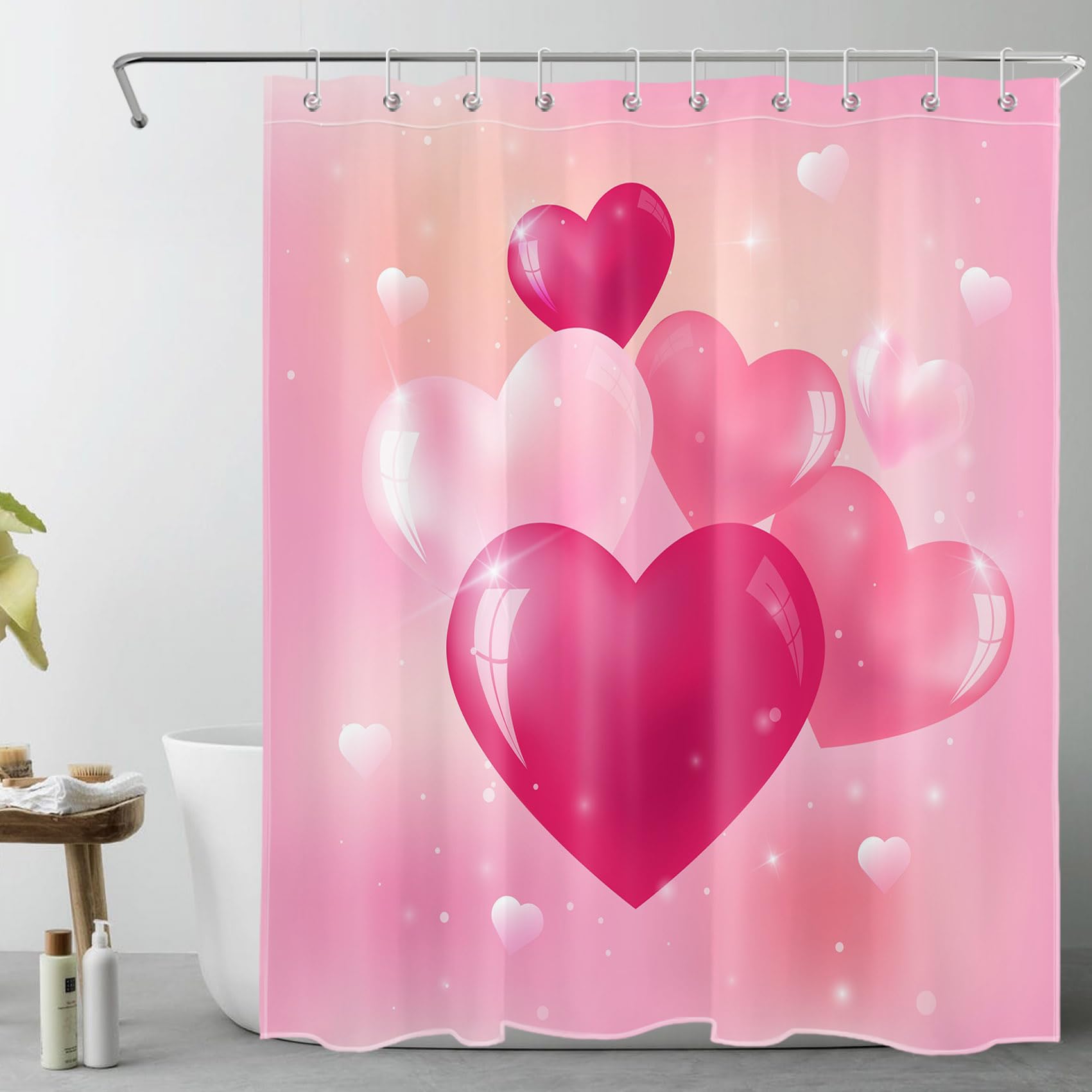 LB Love Theme Shower Curtain Set Bright Glass Hearts in Pink Teen Girls Bathroom Curtain with Hooks 60x72 inch Waterproof Polyester Fabric Bathroom Decorations