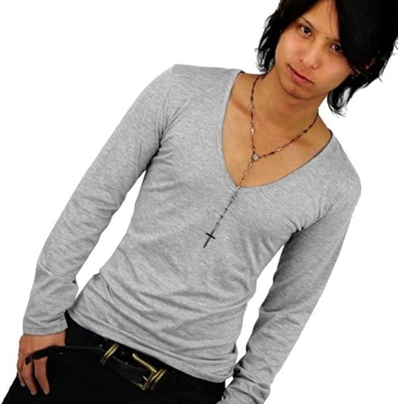 Amazon 深vネック メンズ カットソー 長袖tシャツ メンズ グレー 細身 タイト F168 3l Men Sc Tシャツ カットソー 通販