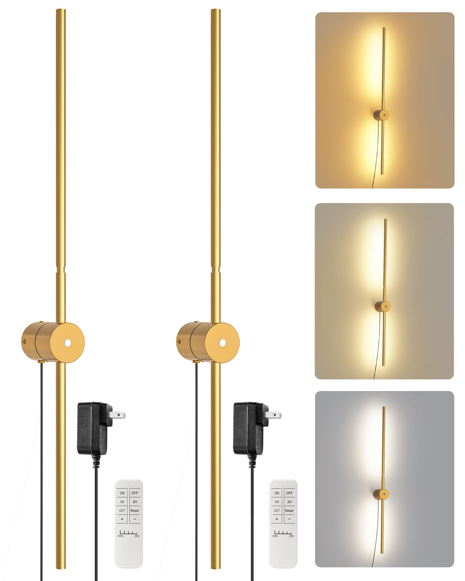 Photo 1 of *USED*
GOEBLESON 33" Wall Sconces Set of 2 with Remote Control, Dimming & 3 Color Temperatures, Plug-in Gold Wall Lights for Bedroom, Living Room, Adjustable Brightness & Rotatable Lamp Post, D09YBP205