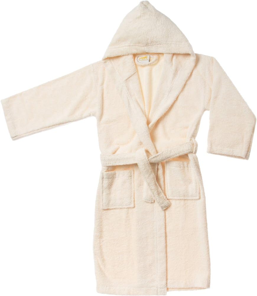 Blue Nile Mills Premium Egyptian Cotton Unisex Kids Bathrobe, Plush Hooded Robe with Long Belt and Front Patch Pockets, Robe for Boys and Girls, Shower and Bath, Small/Medium, Ivory