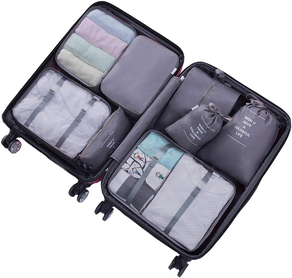 Kuzkauf Packing Cubes Set 8 pcs Travel Luggage Compression Suitcase Cubes Storage Pouches Laundry Organiser Bags Packing Squares Pods STLYE01-Grey