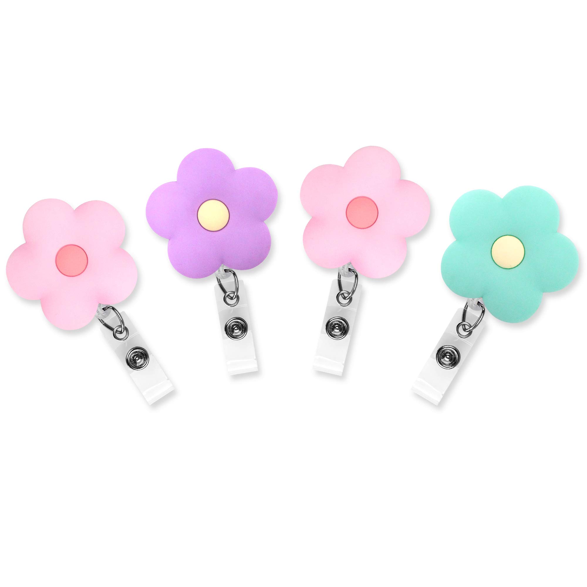 4 pcs Set Colorful Flowers Badge ID Clip Reel Retractable Holder Office Work Nurse Name Badge Tag Clip On Card Holders Cute - 30 inch Cord Extension