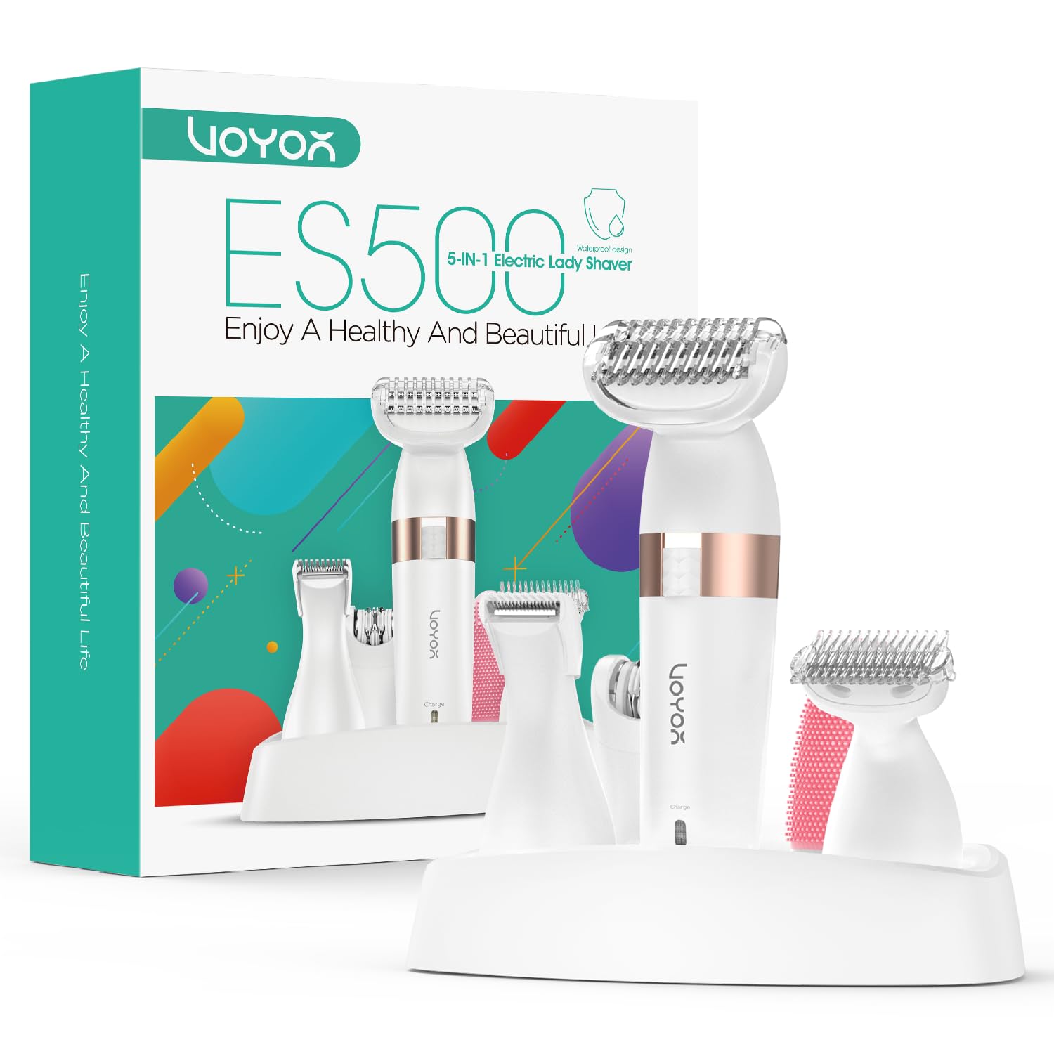 VOYOR Electric Lady Shaver Wet and Dry Rechargeable Bikini Trimmer Women Electric Razor for Women, 5-In-1 Hair Remover for Legs Armpits Bikini Cordless Waterproof Portable ES500